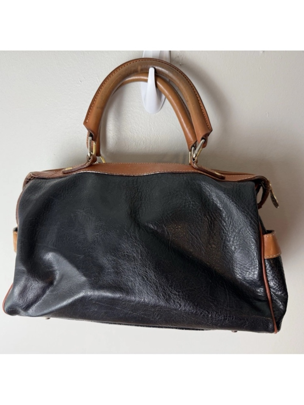 Saint Borse Vintage Satchel Purse Bag Pebbled Faux Leather Black Brown Lined - Picture 5 of 10